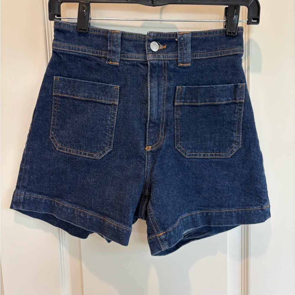 Classic High-Rise Denim Shorts - Dark Blue With Patch Pockets